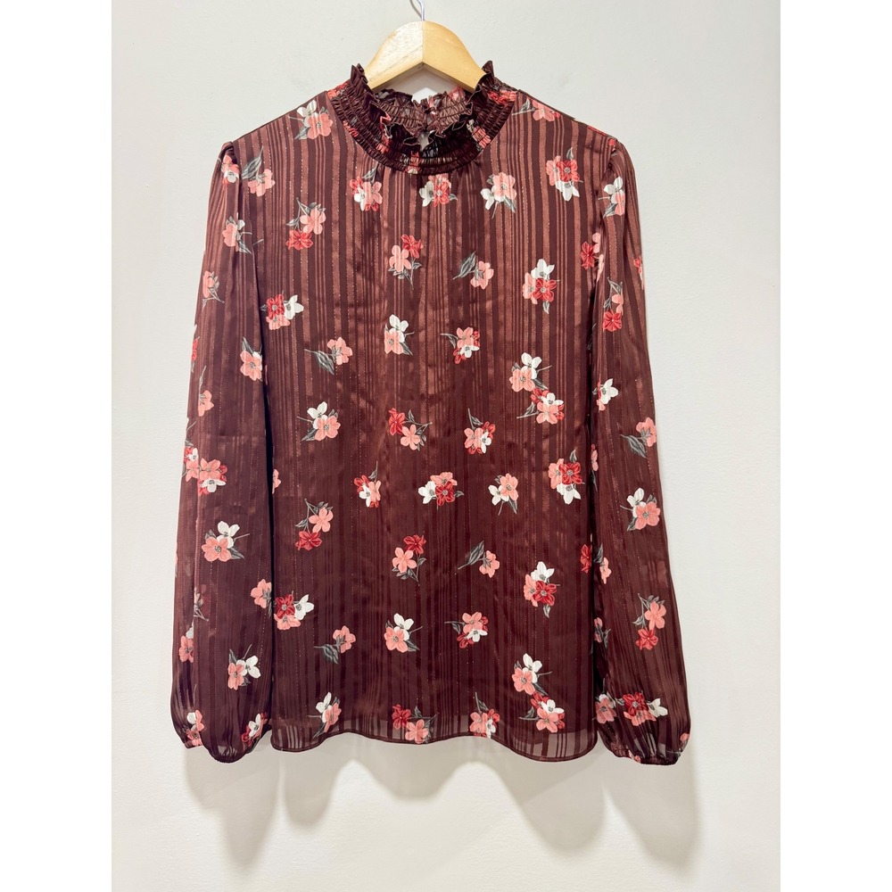 Ann Taylor Factory Brown Floral Smocked Mock Neck Metallic Stripe Blouse Large